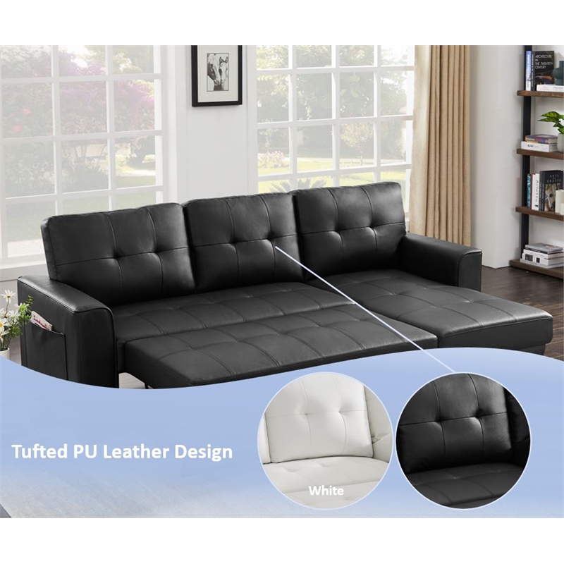 Infini Reversible Faux Leather Pocket Sleeper Sofa in Black