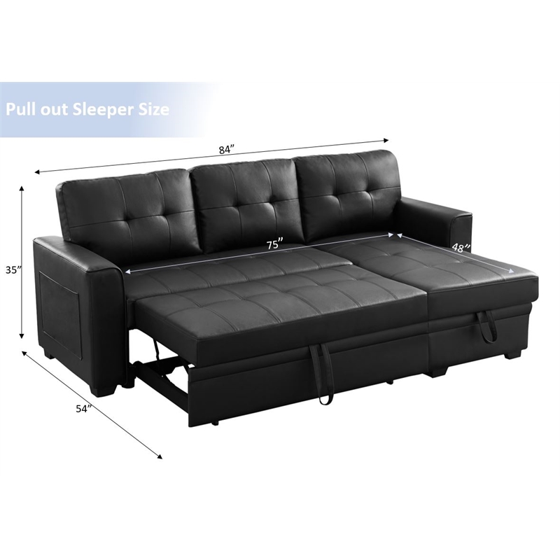 Infini Reversible Faux Leather Pocket Sleeper Sofa in Black