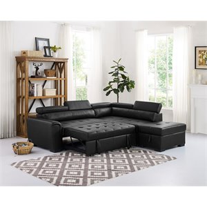 Infini Right Sided Faux Leather Sleeper Sofa with Storage Ottoman in Black