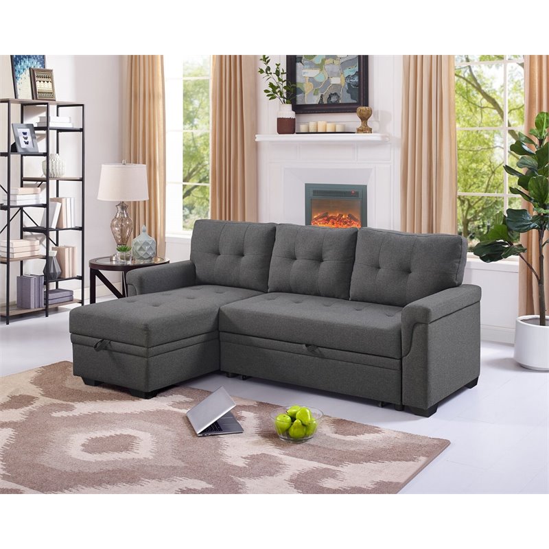 Infini Reversible Fabric Sleeper Storage Sectional in Dark Gray