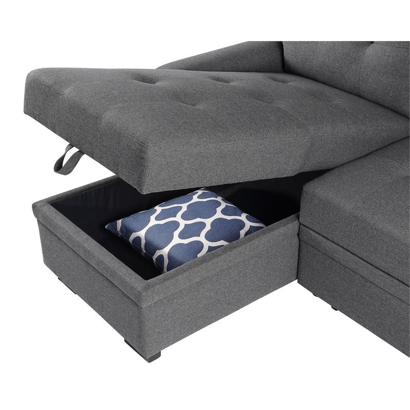 Infini Reversible Fabric Sleeper Storage Sectional in Dark Gray