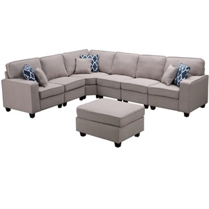 124&quot W Reversible Modular Fabric Sectional Set with Ottoman in Light Gray