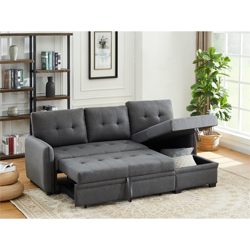 Infini Reversible Fabric Sleeper Sofa & Storage Chaise Set in Dark Gray