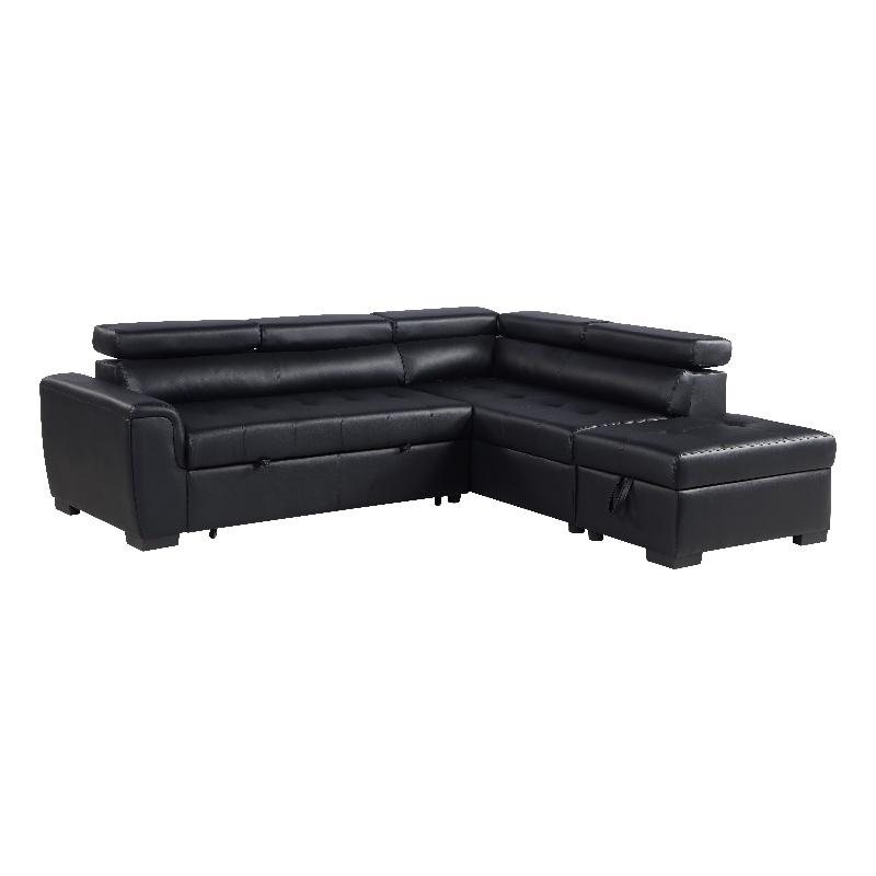 Infini Right Sided Faux Leather Sleeper Sofa with Storage Ottoman in Black