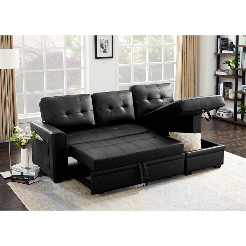 Reversible Faux Leather Pocket Sleeper Sofa in Black