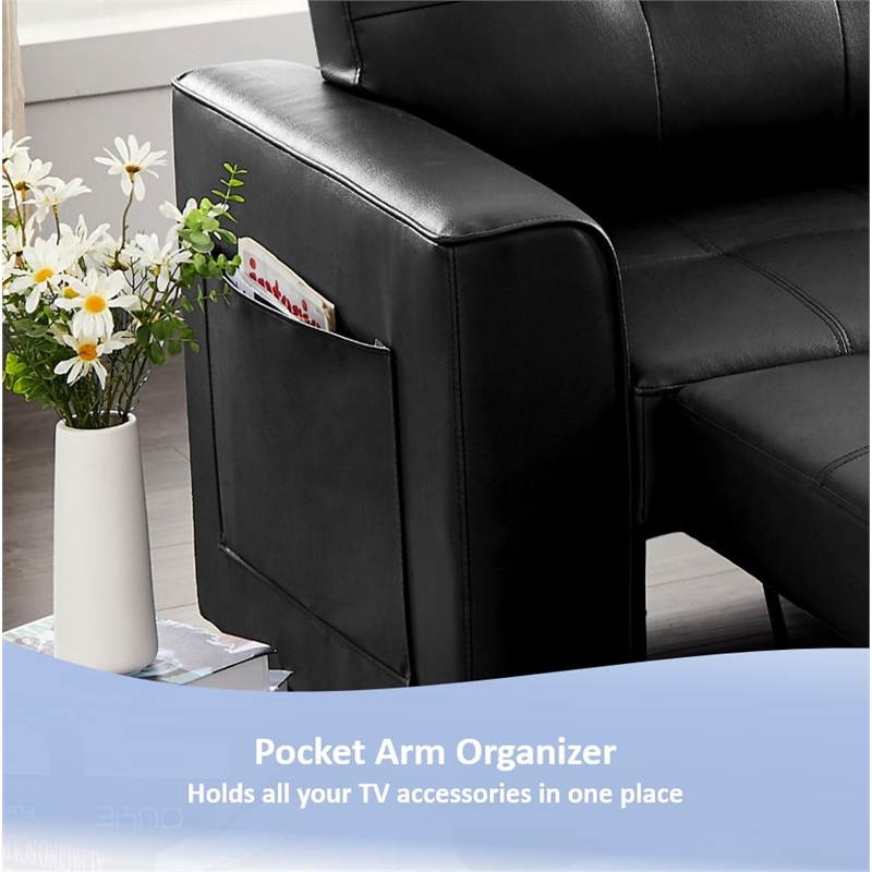 Reversible Faux Leather Pocket Sleeper Sofa in Black