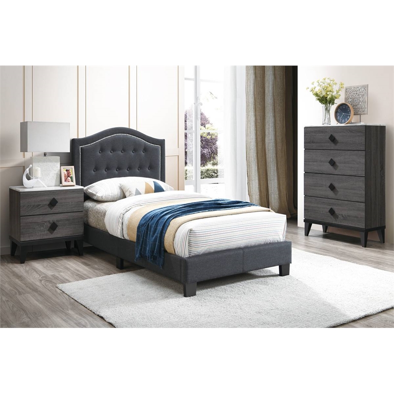 Upholstered Bed Frame with Tufted Button Nailhead Headboard - Charcoal Twin Size