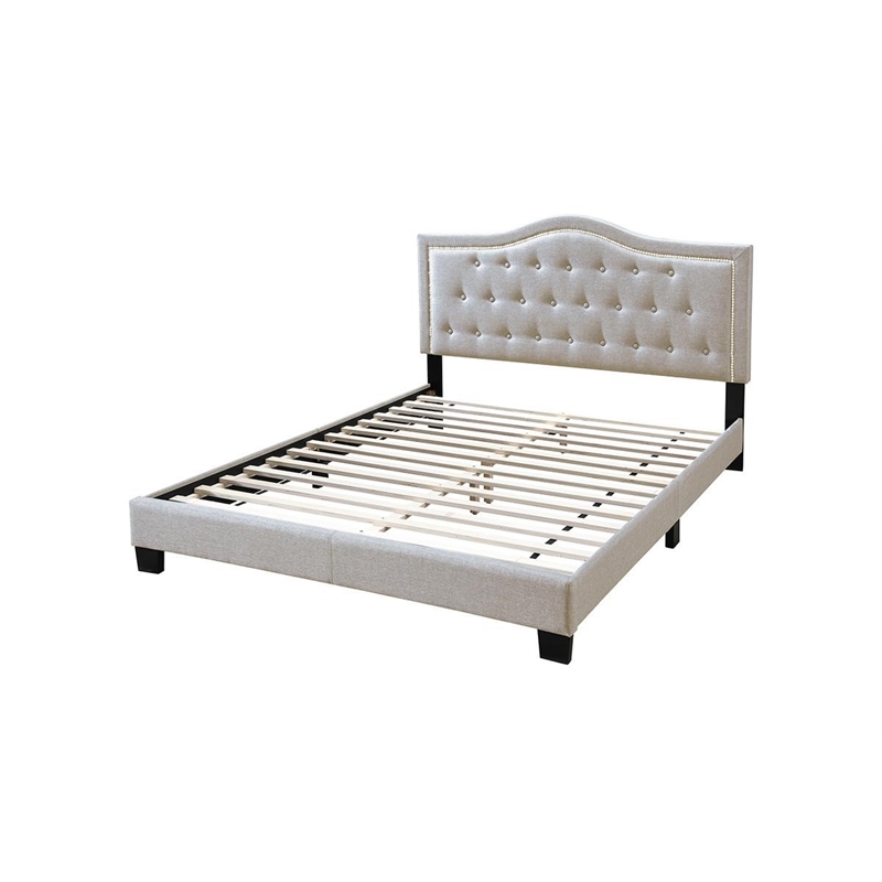 Upholstered Bed Frame with Tufted Button Nailhead Headboard - Beige Twin Size