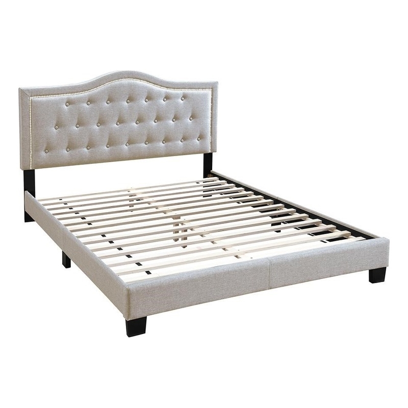 Upholstered Bed Frame with Tufted Button Nailhead Headboard - Beige Twin Size