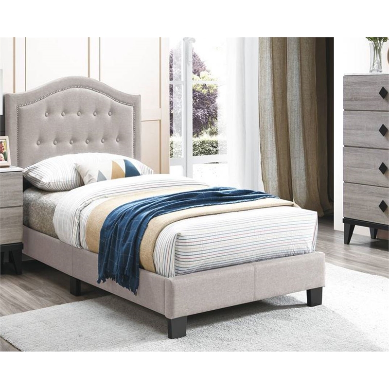 Upholstered Bed Frame with Tufted Button Nailhead Headboard - Beige Twin Size
