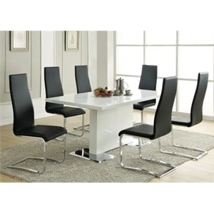 7 Pcs Dining Set T-shape Glossy White Dining Table with 6 Faux Leather Chairs