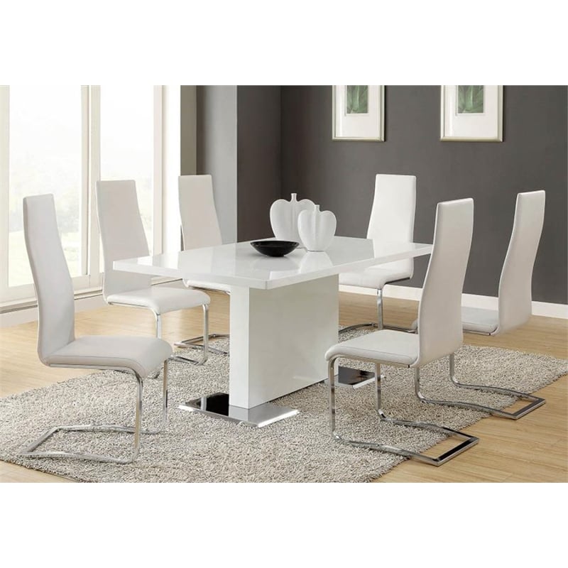 7 Pcs Dining Set T-shape Glossy White Dining Table with 6 Faux Leather Chairs