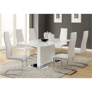 7 Pcs Dining Set T-shape Glossy White Dining Table with 6 Faux Leather Chairs