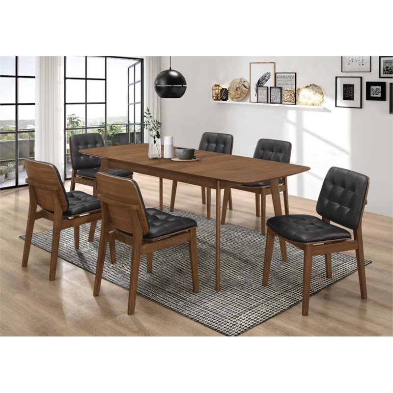 7 Pcs Dining Set-Butterfly Leaf Dining Table with 6 Black Faux Leather Chairs