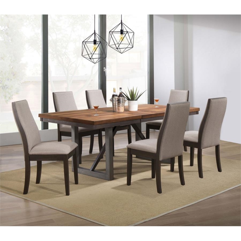 7 Pcs Set Extendable Leaf Dining Table with 6 Wooden Gray Fabric Chairs