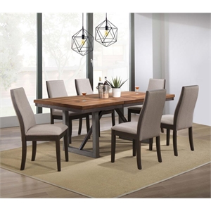 7 Pcs Set Extendable Leaf Dining Table with 6 Wooden Gray Fabric Chairs