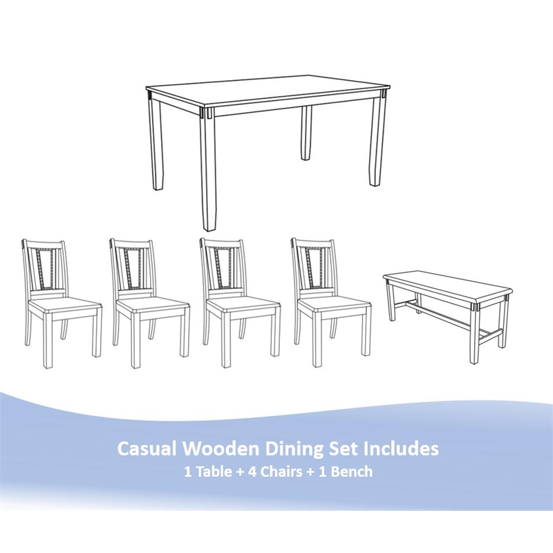 6 Pcs Wooden Set - Dining Table with 4 Chairs and Kitchen Bench in Grey Finish