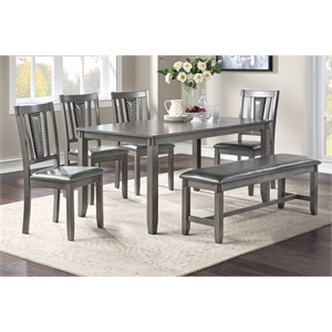 6 Pcs Wooden Set - Dining Table with 4 Chairs and Kitchen Bench in Grey Finish