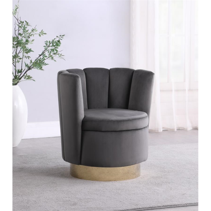 Barrel Accent Channeled Tufted Swivel Chair in Gray Velvet