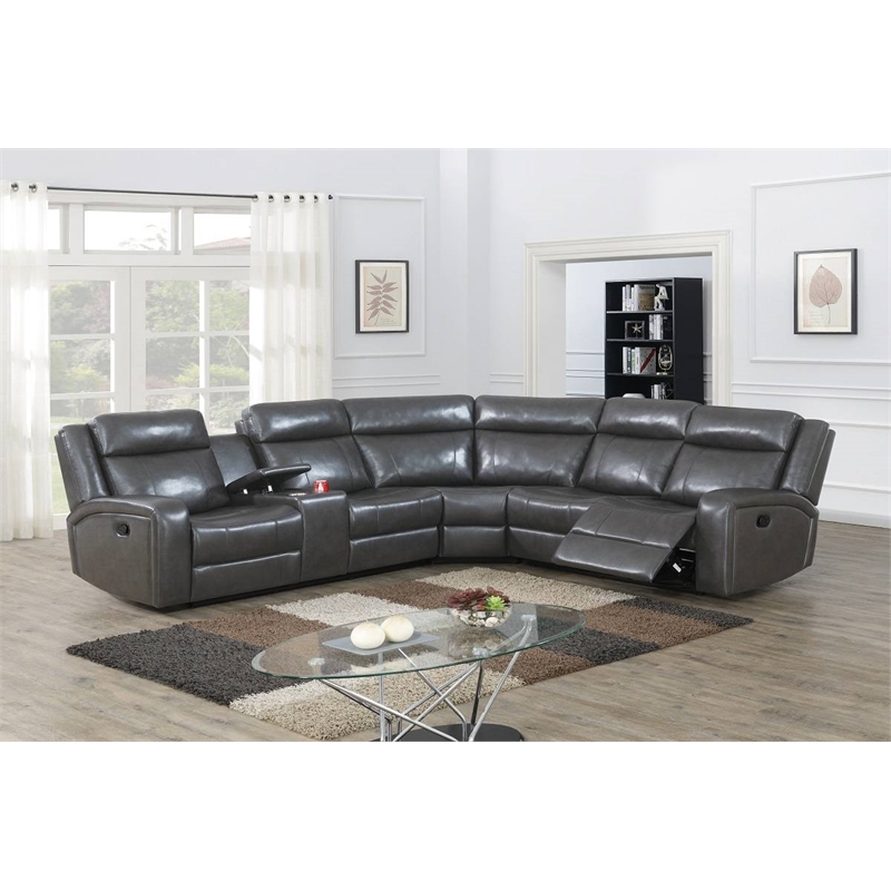 INFINI FURNISHINGS Vegan Leather Motion Reclining Sofa Sectional in Taupe