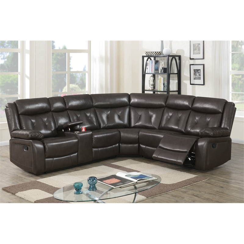 Vegan Leather Power Motion Reclining Sofa Sectional in Dark Brown