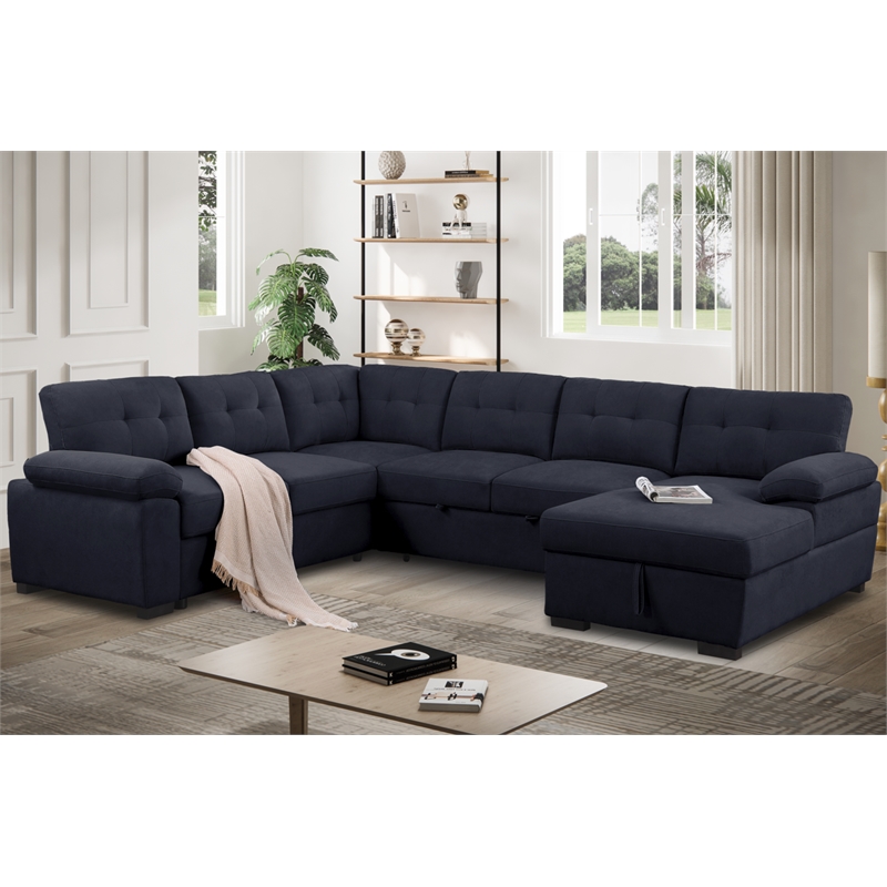 U-Shaped Sleeper Sectional Sofa Pull Out Bed Storage Chaise Seats 6 Sofabed