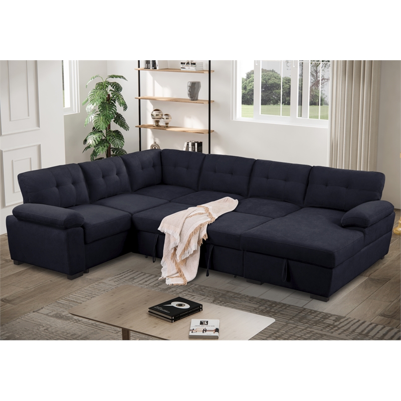U-Shaped Sleeper Sectional Sofa Pull Out Bed Storage Chaise Seats 6 Sofabed