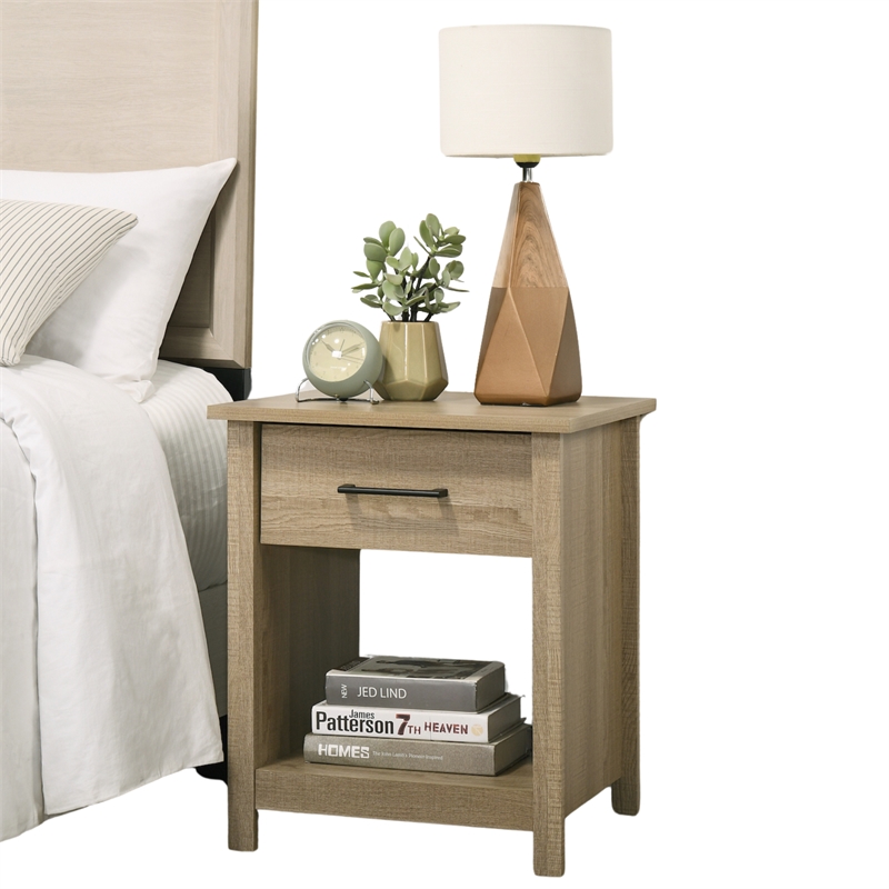 Wood Nightstand with Drawer and Open Storage Shelf Bedside Table for Bedrooms