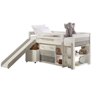 donco kids twin solid wood low loft bed with slide in gray and white