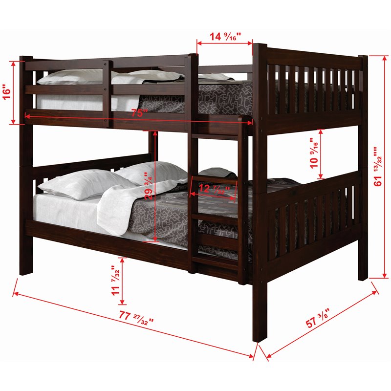 Donco Kids Full Over Full Solid Wood Mission Bunk Bed in Cappuccino
