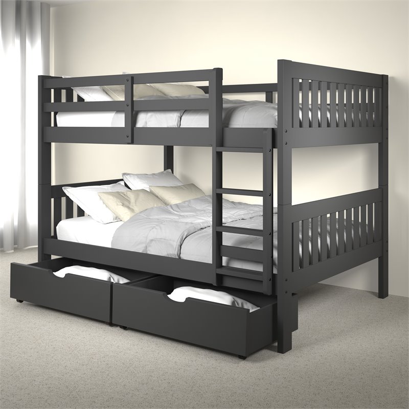 Donco Kids Full Over Full Solid Wood Mission Bunk Bed with Drawers in Dark Gray