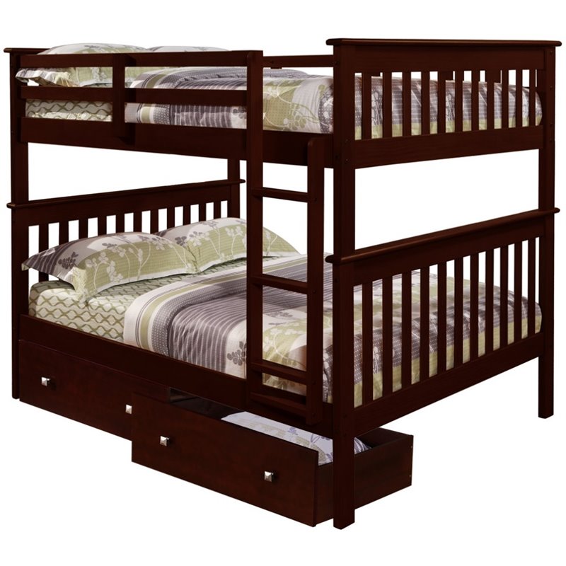 Donco Kids Full Over Full Solid Wood Mission Bunk Bed with Drawers in Cappuccino