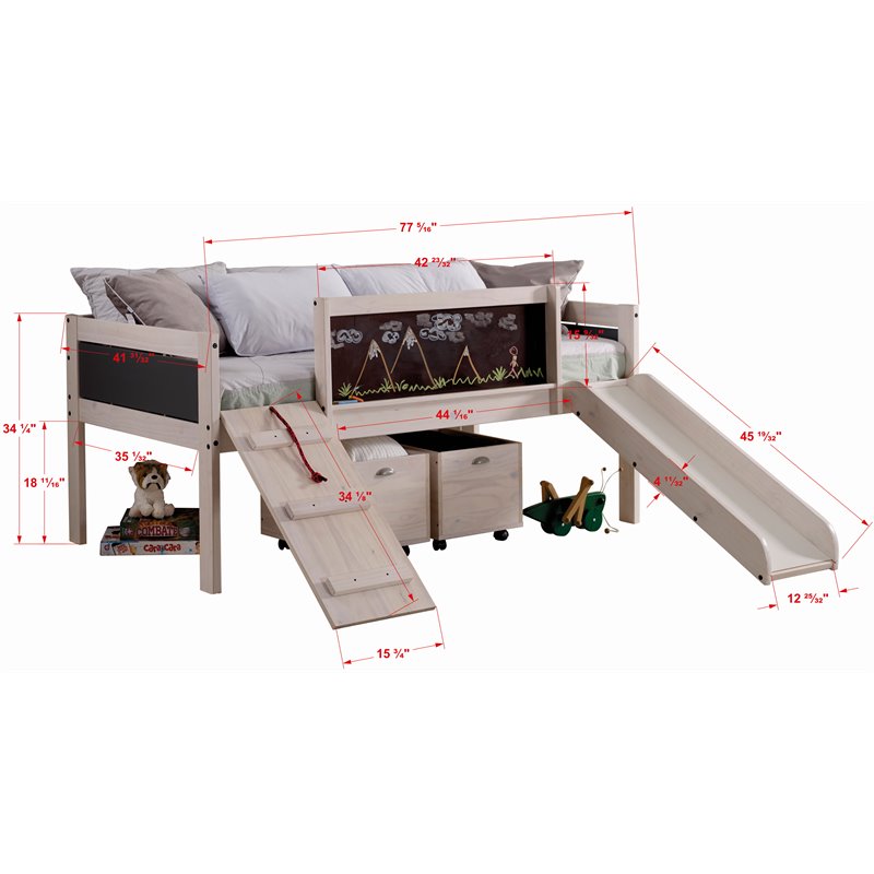 Donco Kids Art Play Junior Twin Solid Wood Low Loft Bed with Bins in