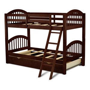East West Furniture Verona 63&quot Wood Twin Bunk Bed with Trundle & Drawer in Brown