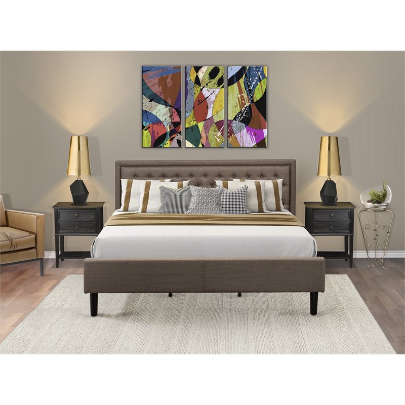 East West Furniture 3-piece Wood King Bedroom Set in Brown/Wire Brushed Black