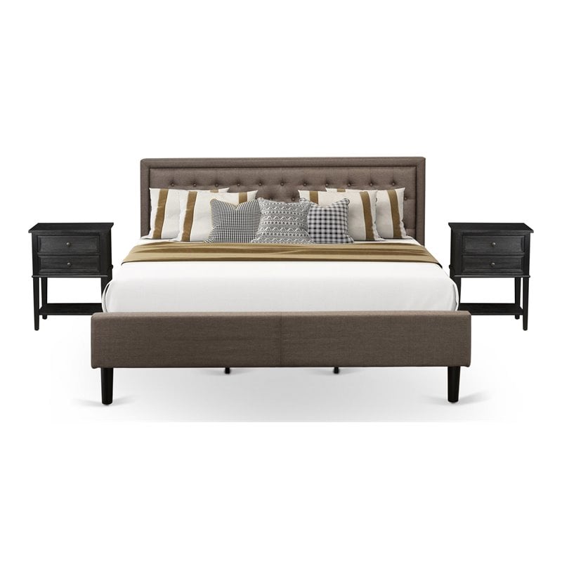 East West Furniture 3-piece Wood King Bedroom Set in Brown/Wire Brushed Black