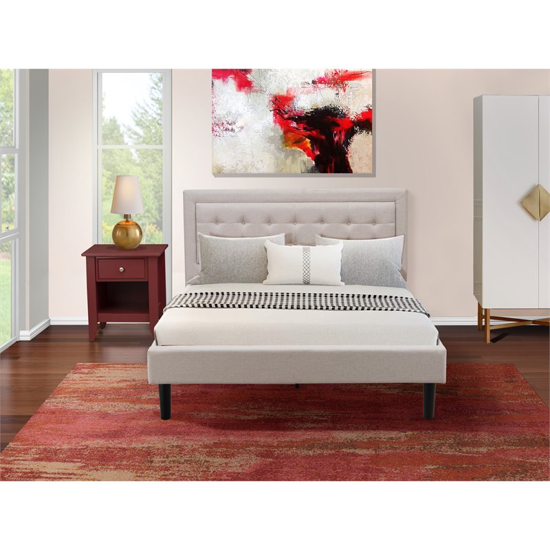East West Furniture 2-piece Wood Fannin Queen Bedroom Set in Mist Beige/Burgundy