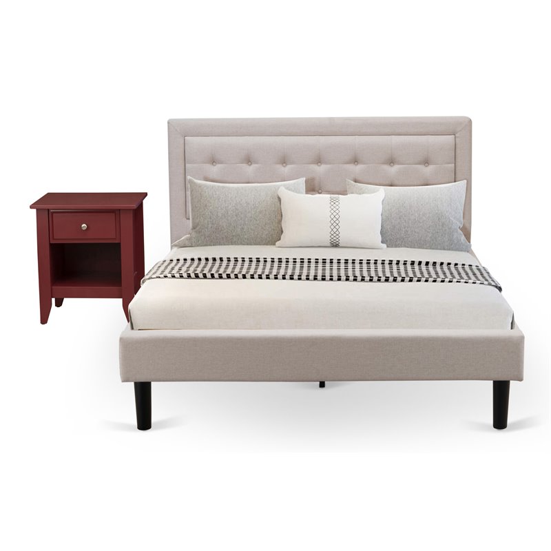 East West Furniture 2-piece Wood Fannin Queen Bedroom Set in Mist Beige/Burgundy