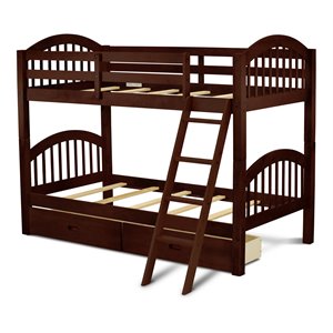 East West Furniture Verona 60&quot Wood Twin Bunk Bed with Under Drawer in Brown