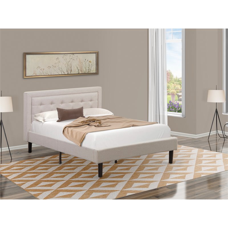 East West Furniture Fannin Wood and Linen Fabric Full Size Bed in Mist Beige