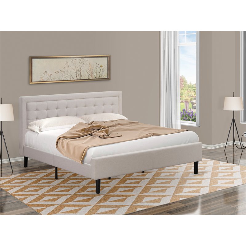 East West Furniture Fannin Wood and Linen Fabric King Size Bed in Mist Beige