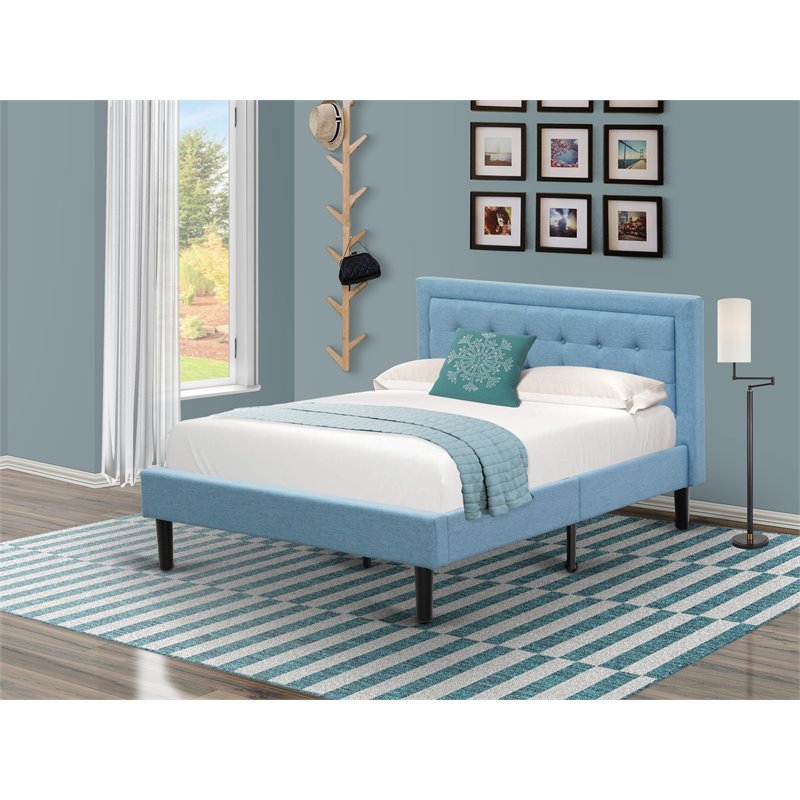 East West Furniture Fannin Wood and Linen Fabric Full Size Bed in Denim Blue