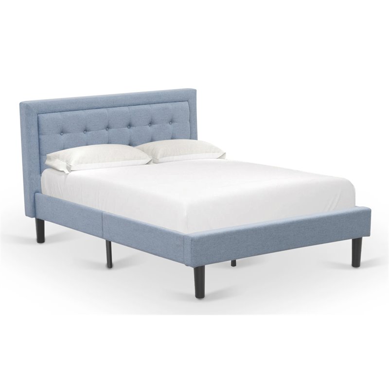 East West Furniture Fannin Wood and Linen Fabric Full Size Bed in Denim Blue