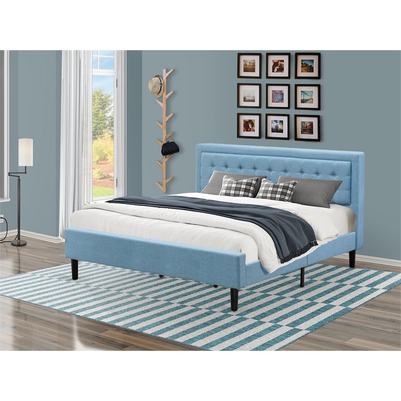 East West Furniture Fannin Wood and Linen Fabric King Size Bed in Denim Blue