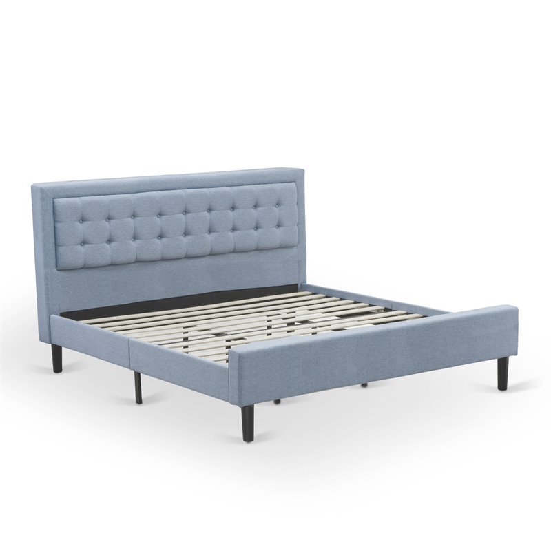 East West Furniture Fannin Wood and Linen Fabric King Size Bed in Denim Blue
