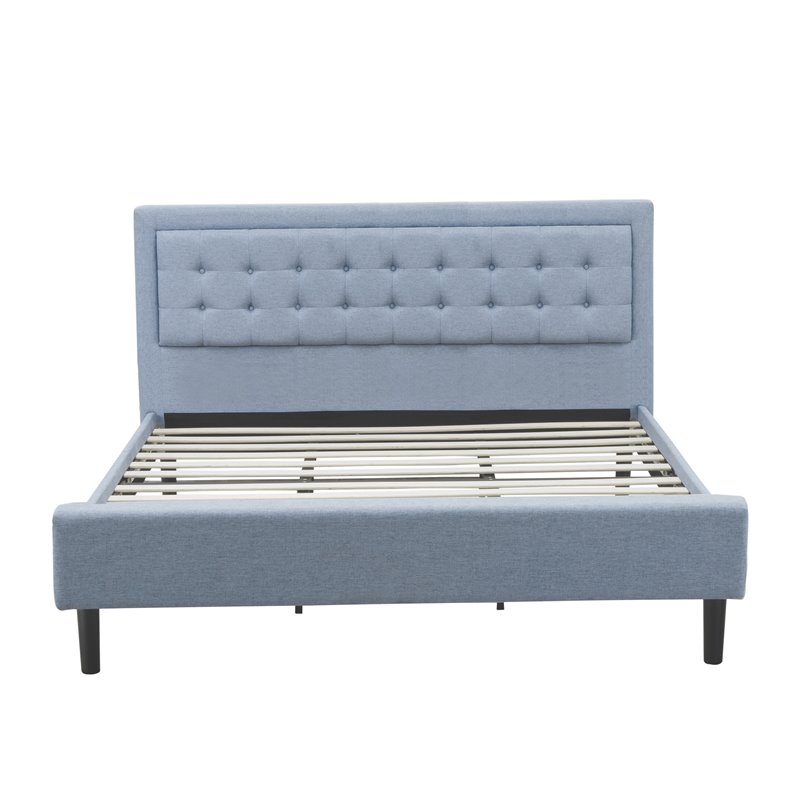 East West Furniture Fannin Wood and Linen Fabric King Size Bed in Denim Blue