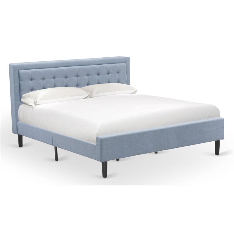 East West Furniture Fannin Wood and Linen Fabric King Size Bed in Denim Blue