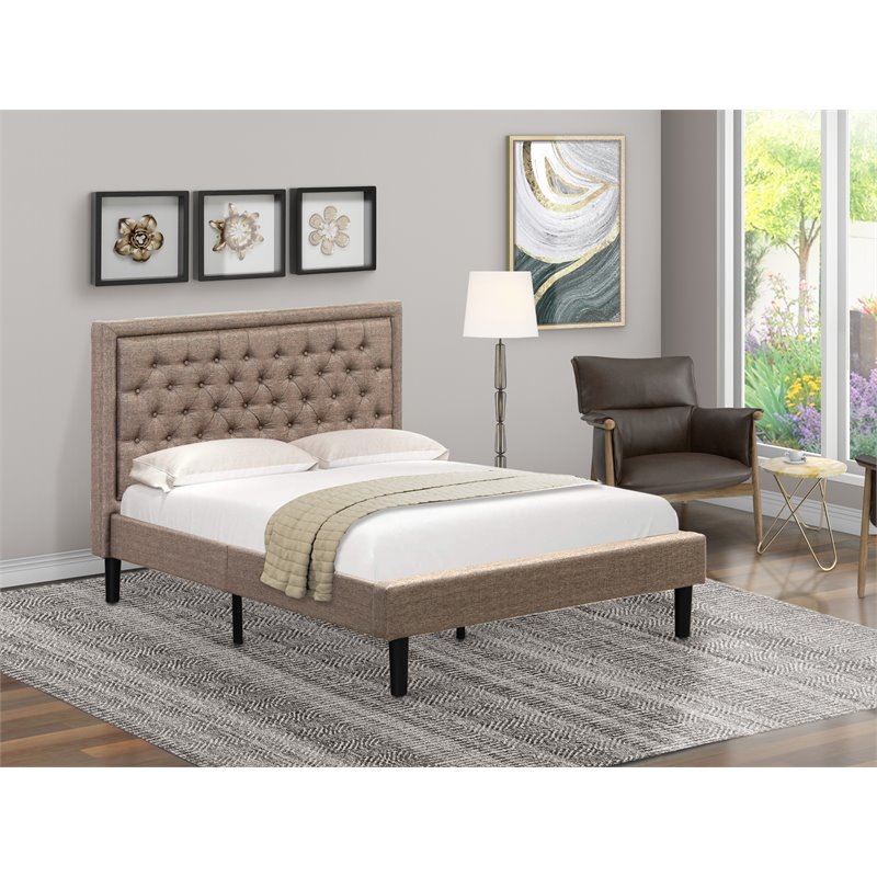 East West Furniture Kendall Wood and Linen Fabric Full Size Bed in Khaki Brown