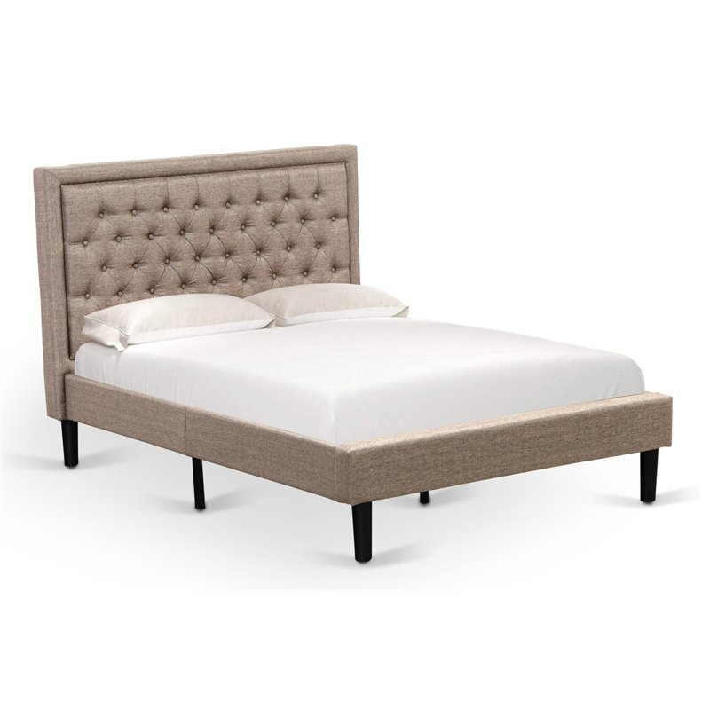 East West Furniture Kendall Wood and Linen Fabric Full Size Bed in Khaki Brown