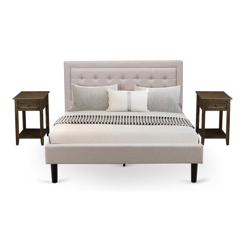 East West Furniture 3-piece Wood Platform Queen Bedroom Set in Mist Beige